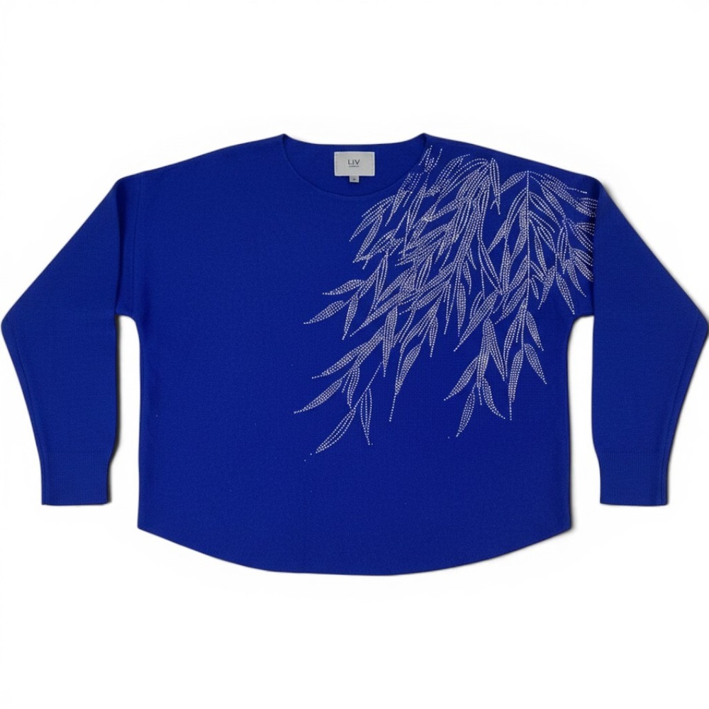 LIV Milano Royal Blue Rhinestone Willow Branch Knit Sweater Womens Medium